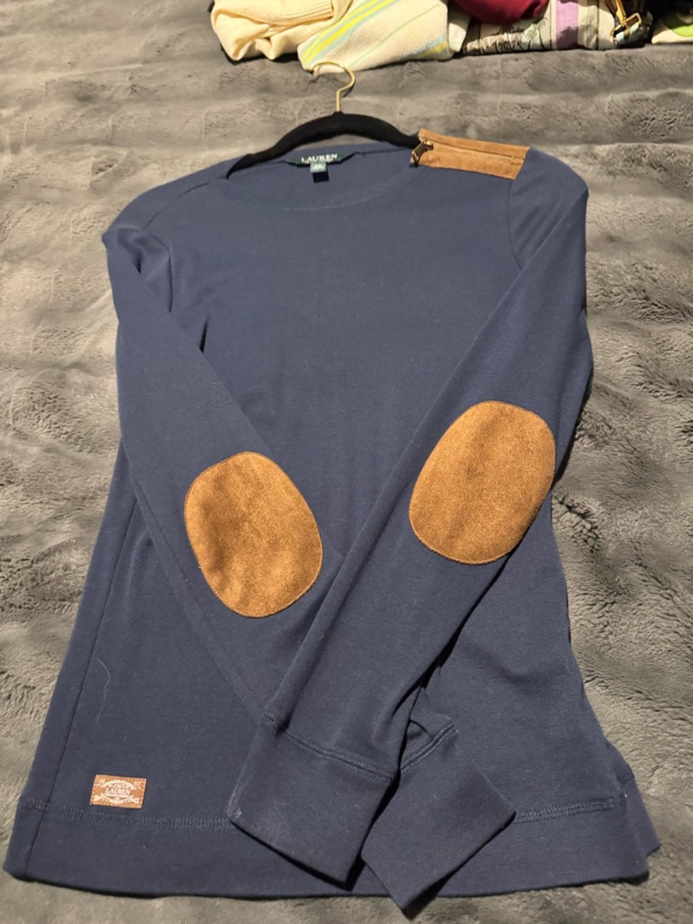 Lauren Ralph Lauren Navy Blue Long Sleeve Top with Brown Elbow Patches